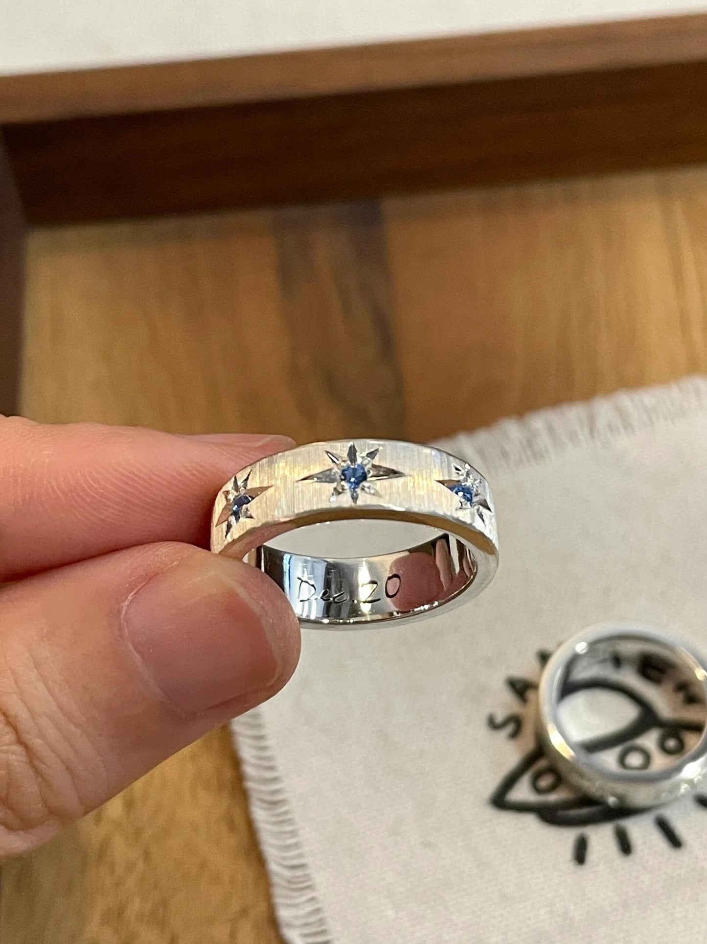 Handmade Blue Zirconia Brushed Ring
-Three Stars Collection (Free Customization)