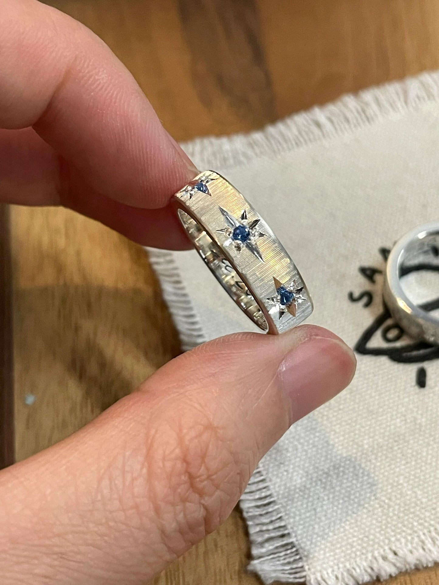 Handmade Blue Zirconia Brushed Ring
-Three Stars Collection (Free Customization)