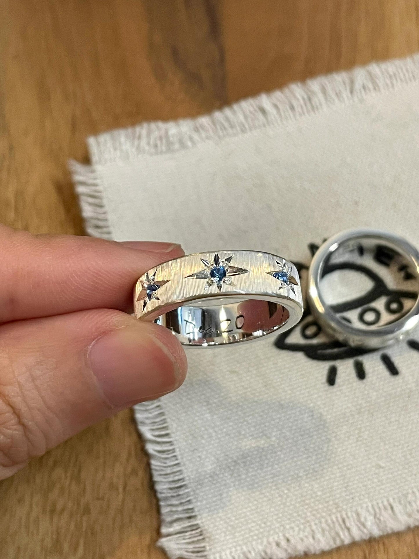 Handmade Blue Zirconia Brushed Ring
-Three Stars Collection (Free Customization)