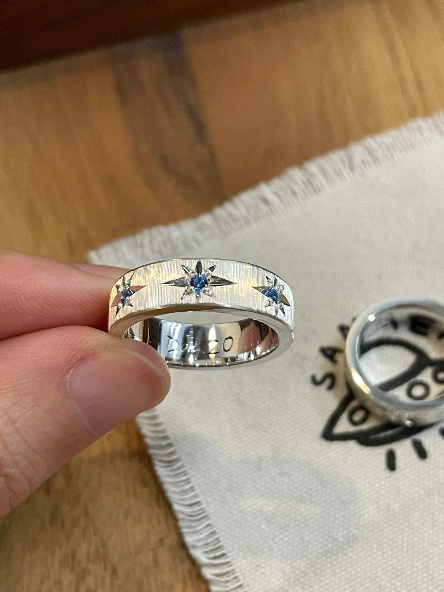 Handmade Blue Zirconia Brushed Ring
-Three Stars Collection (Free Customization)