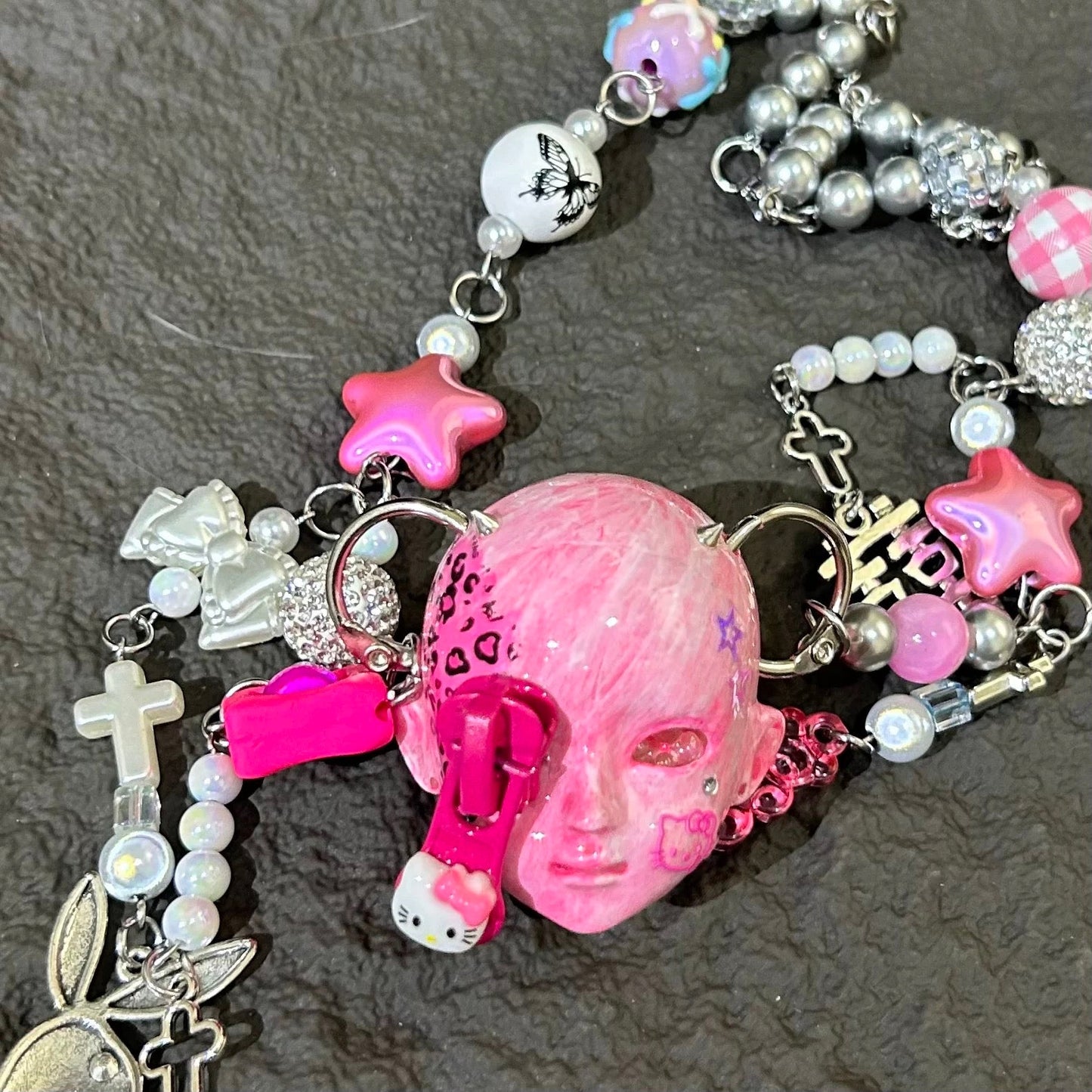Handmade Hello Kitty Leopard Rose Doll Head Necklace