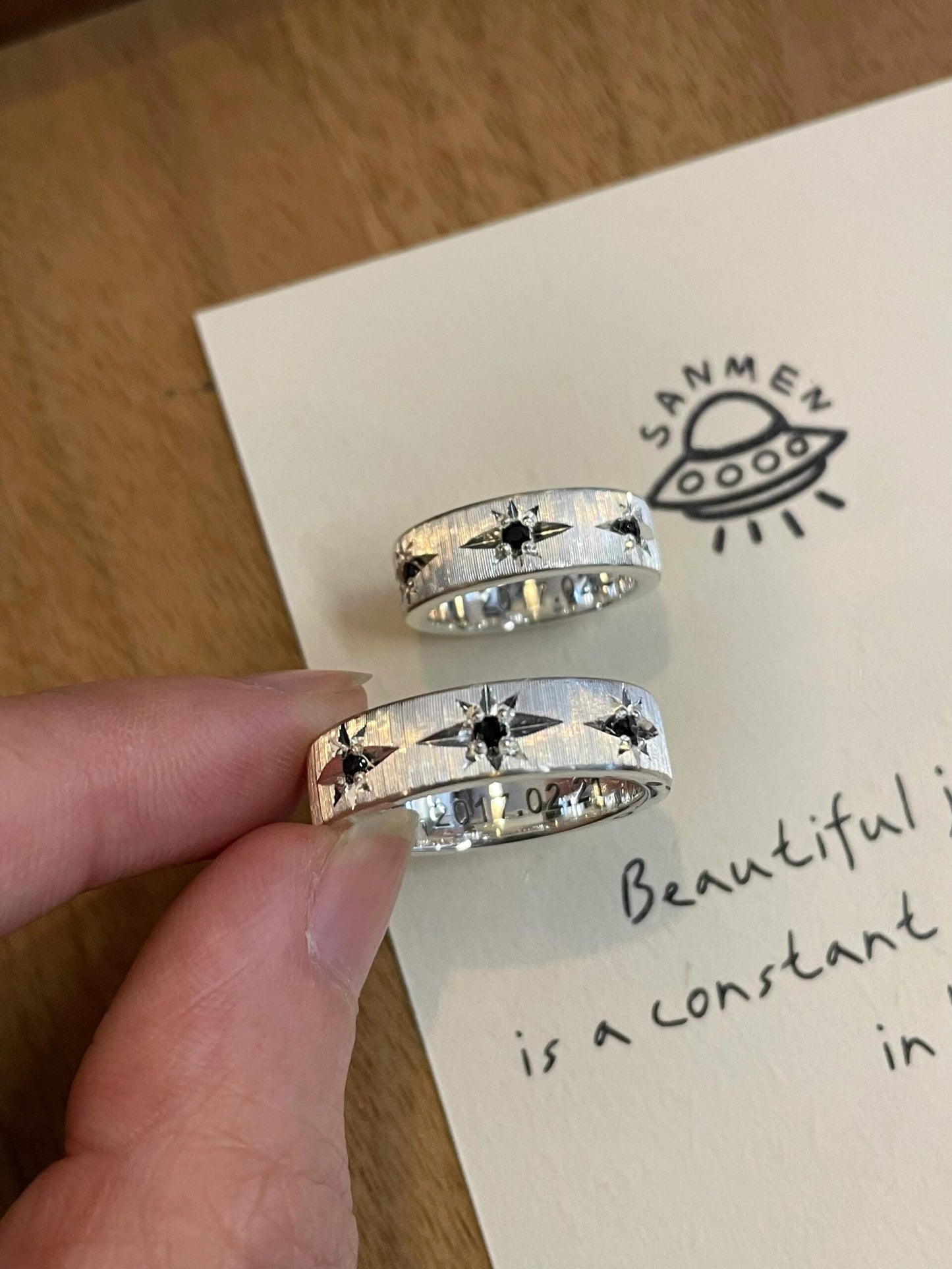 Handmade brushed black zirconia ring- three stars collection (Free Customization)