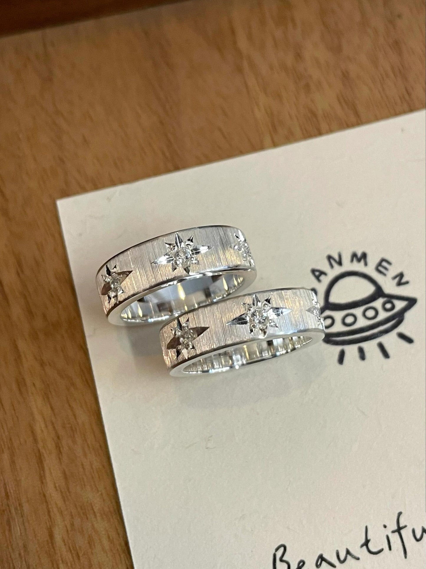Handmade White Zirconia Brushed Ring -Three Stars Collection (Free Customization)
