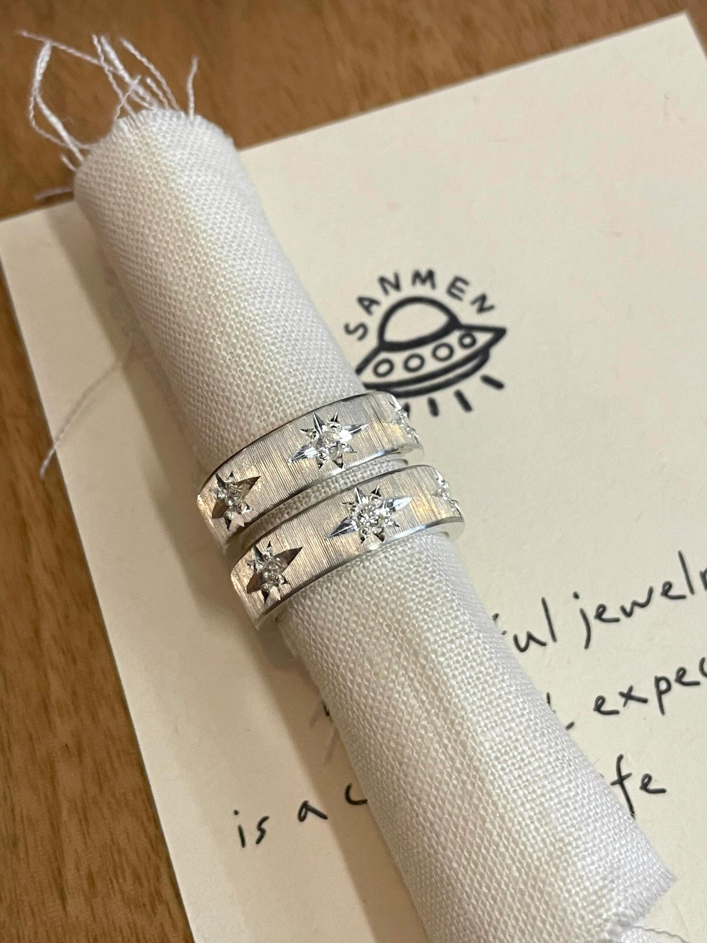 Handmade White Zirconia Brushed Ring -Three Stars Collection (Free Customization)
