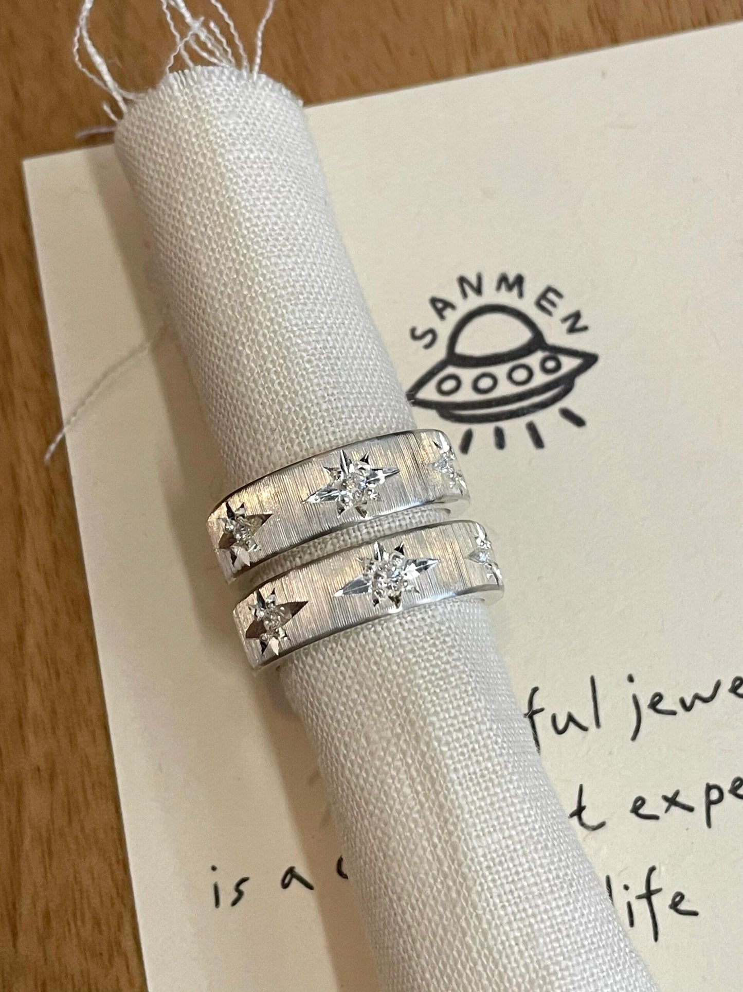 Handmade White Zirconia Brushed Ring -Three Stars Collection (Free Customization)