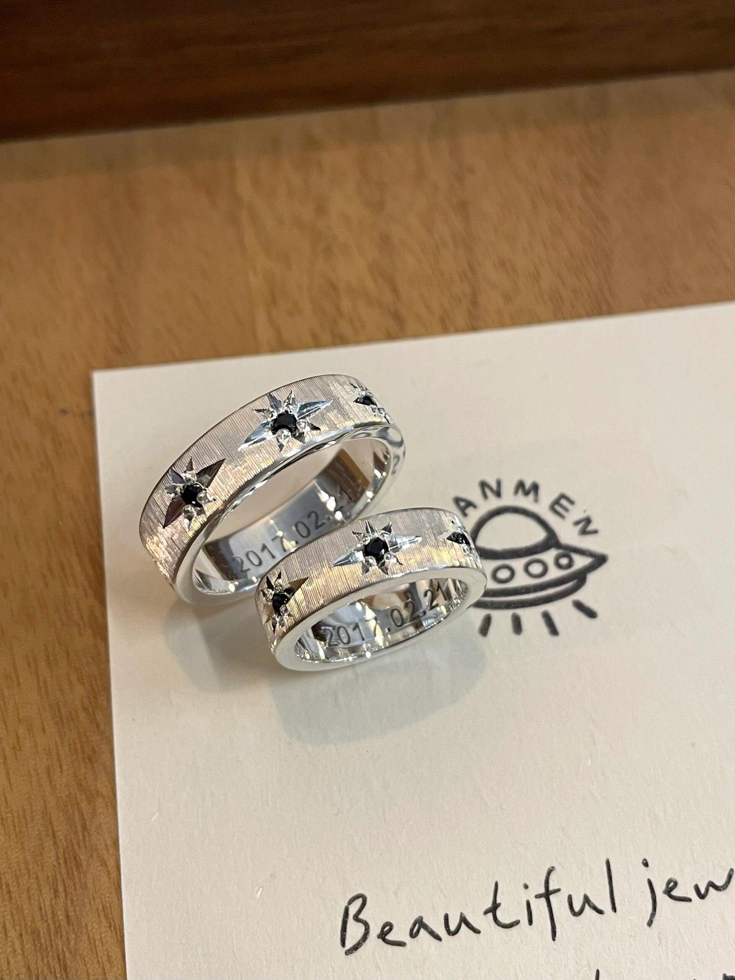 Handmade brushed black zirconia ring- three stars collection (Free Customization)