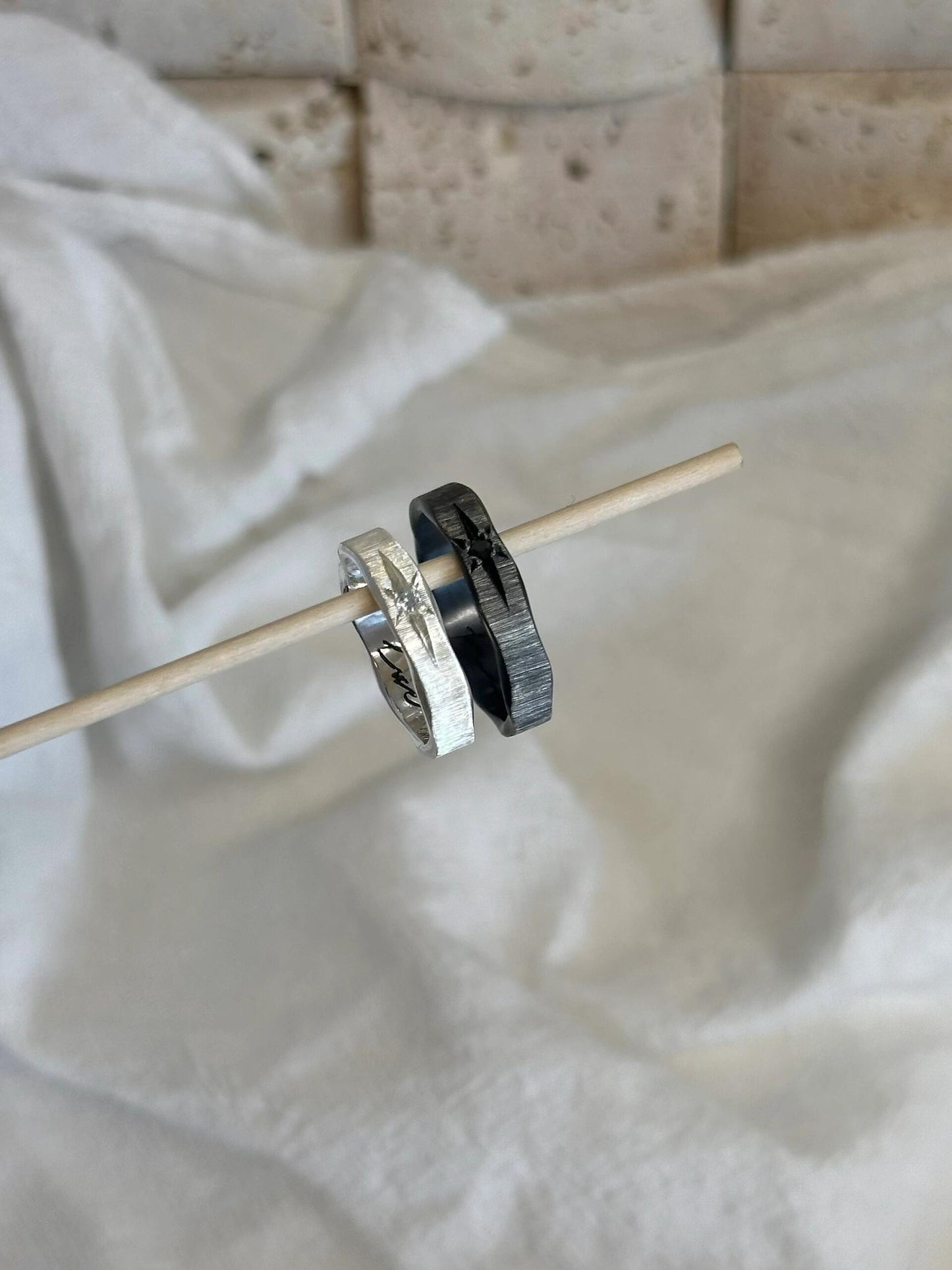 Handmade Black Zirconia Brushed Ring - One Star Wavy shape Collection