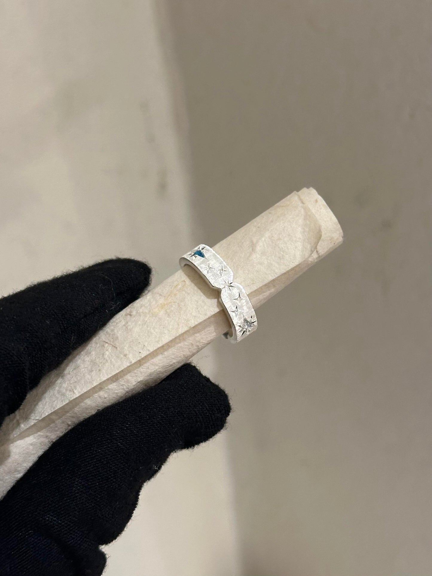 Handcrafted White and Blue Zirconia Brushed Finish Ring - Grooved style  Circle of Starlight Collection (Free Customisation)