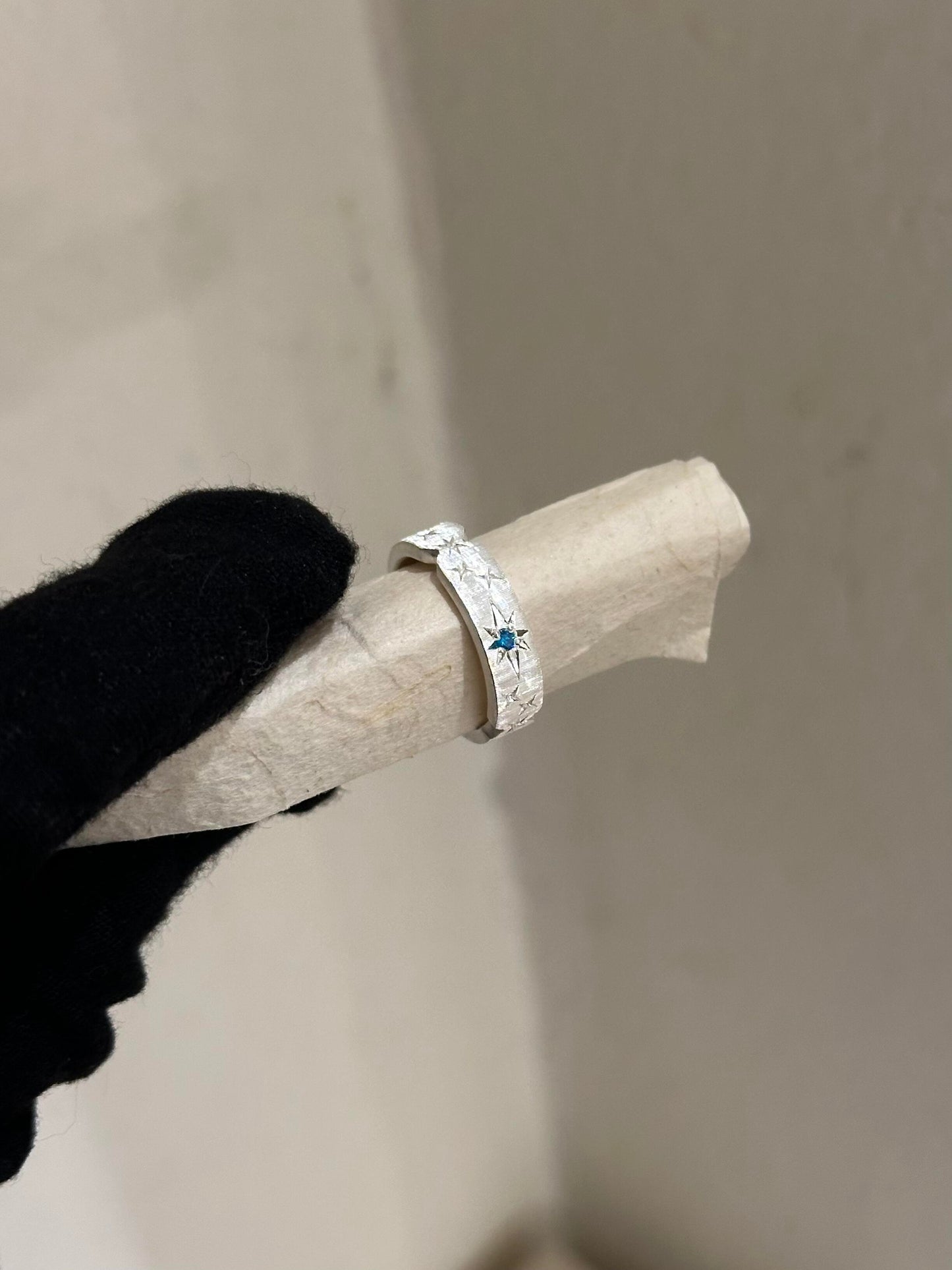 Handcrafted White and Blue Zirconia Brushed Finish Ring - Grooved style  Circle of Starlight Collection (Free Customisation)