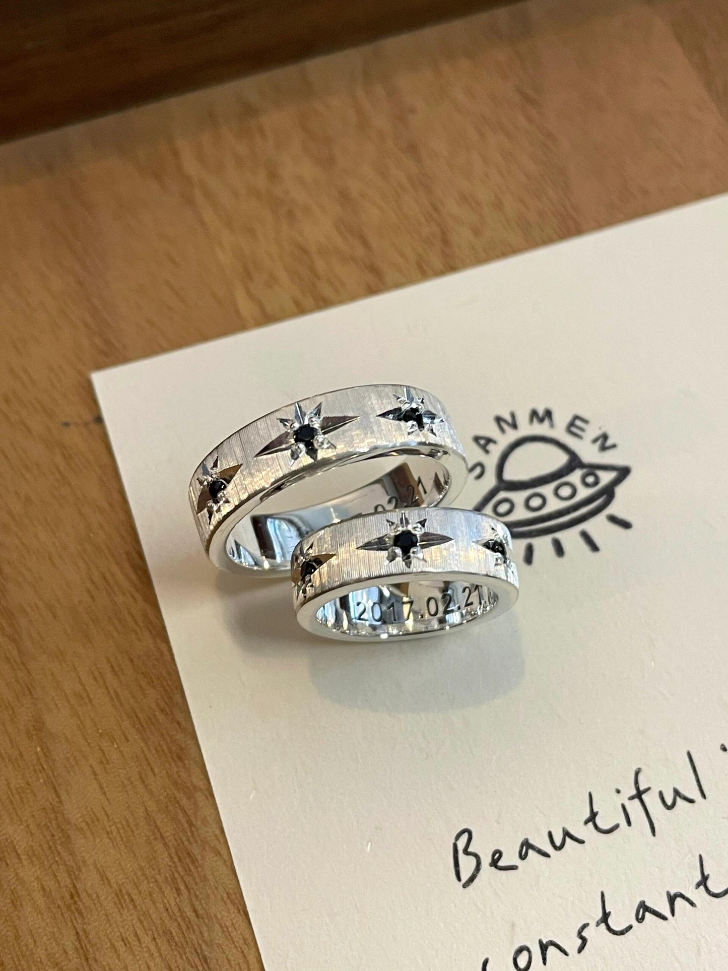 Handmade brushed black zirconia ring- three stars collection (Free Customization)