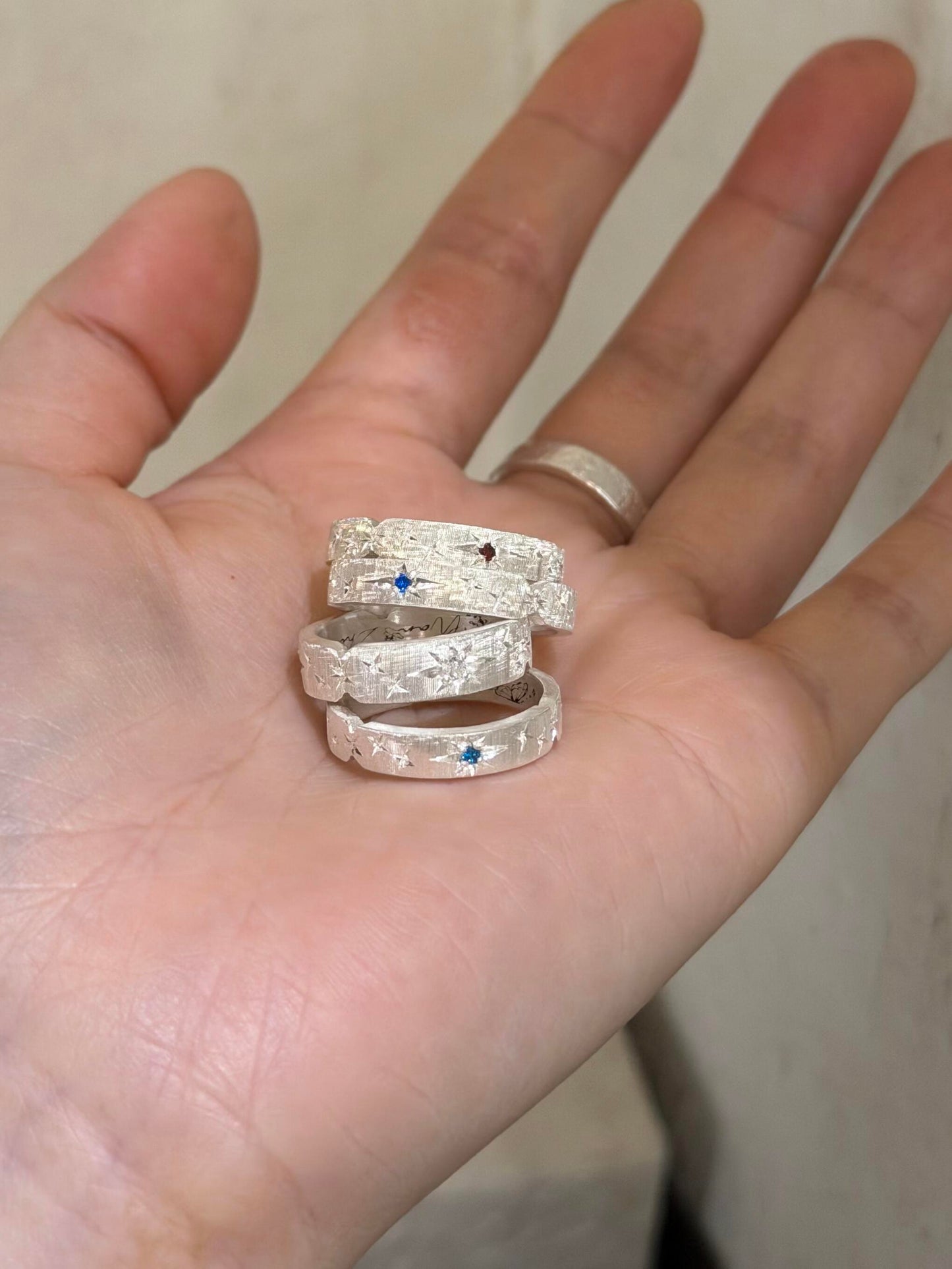 Handcrafted White and Blue Zirconia Brushed Finish Ring - Grooved style  Circle of Starlight Collection (Free Customisation)