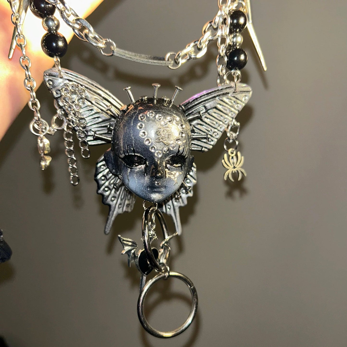 Handmade Silver Butterfly Cross Doll Head Necklace