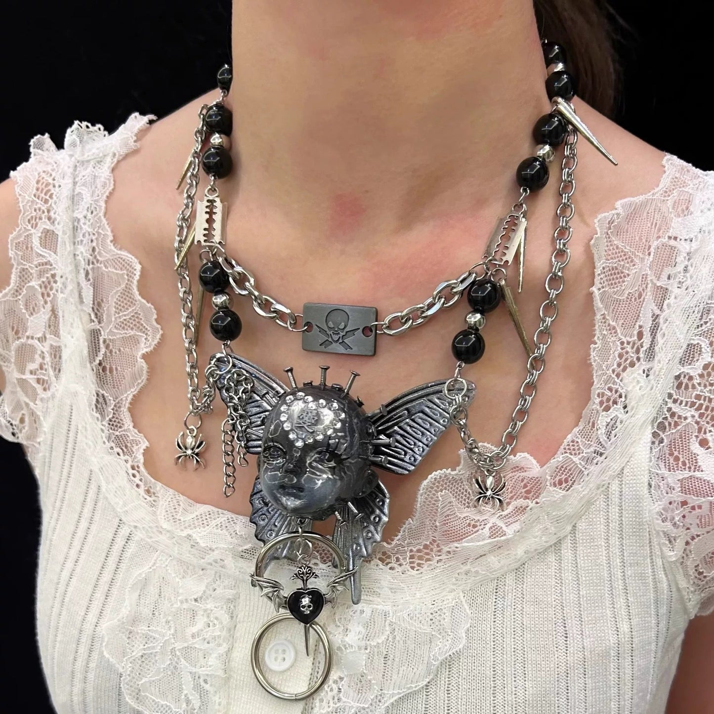 Handmade Silver Butterfly Cross Doll Head Necklace