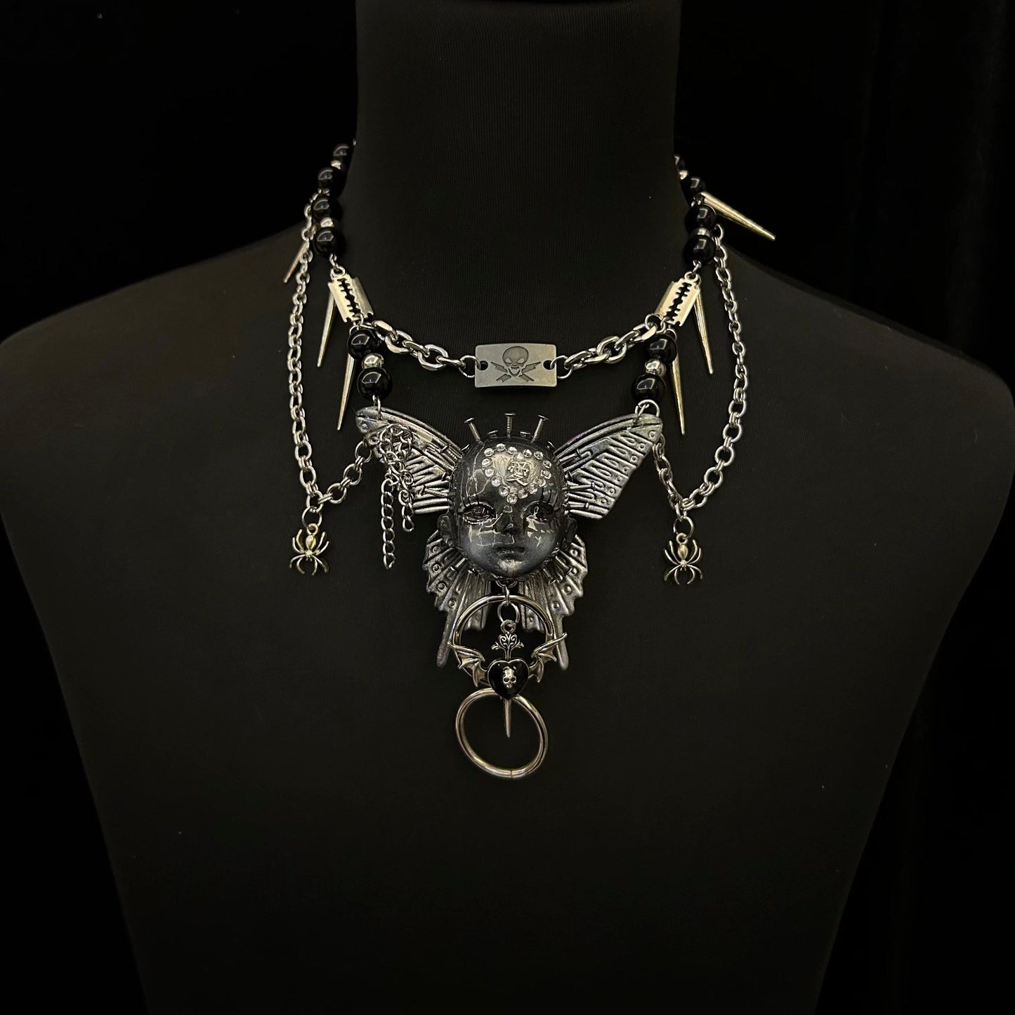 Handmade Silver Butterfly Cross Doll Head Necklace